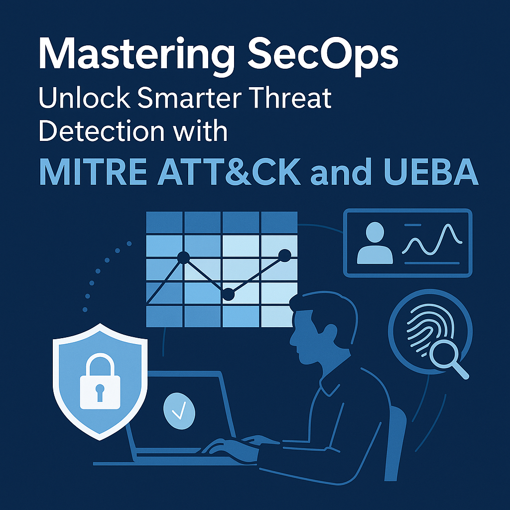 Illustration showing a cybersecurity analyst at a laptop, with visual elements representing MITRE ATT&CK, UEBA analytics, fingerprint identification, and threat detection, promoting the Mastering SecOps blog series.